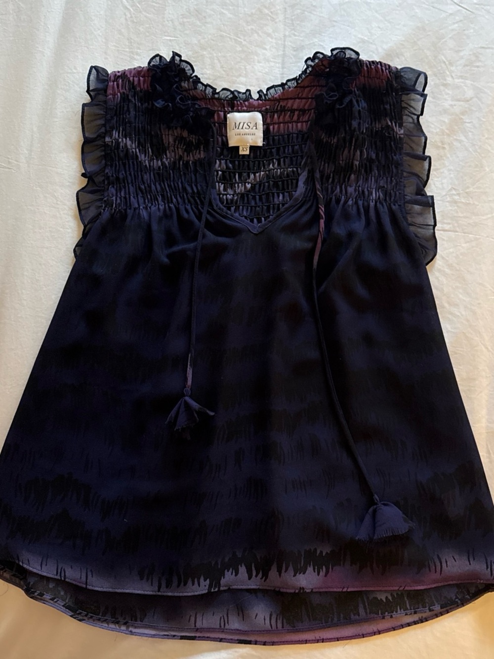 Misa Los Angeles navy and deep purple ruffled tie-front sleeveless top